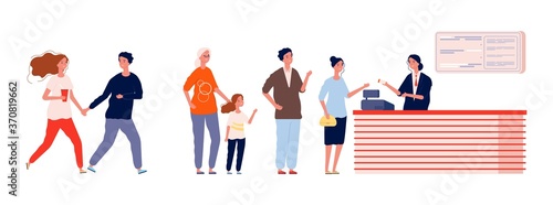 Long queue to cinema. People waiting line buying ticket to movie. Adults, teens and kids entertainment vector illustration. Cinema queue or entertainmente concert line