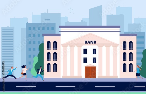 People run to bank. Financial crisis, crowd need money. Banking system, city administrative building vector illustration. Crisis and bankruptcy, business problem