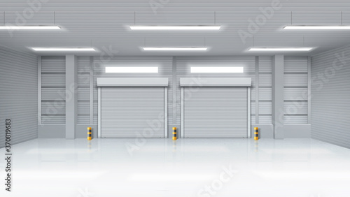 Empty warehouse with rolling doors, storehouse interior with shutter gates, illuminating lamps on ceiling. Delivery service, industrial room rental storage facility, Realistic 3d vector illustration