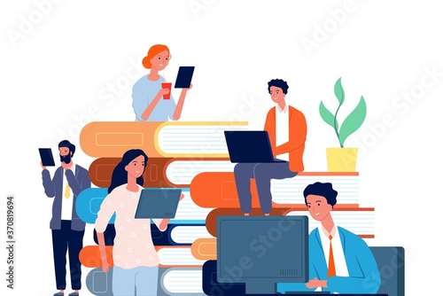 Self education concept. Students prepare exam, reading books and online courses. Distance learning and trainings vector illustration. Education book online, university internet course