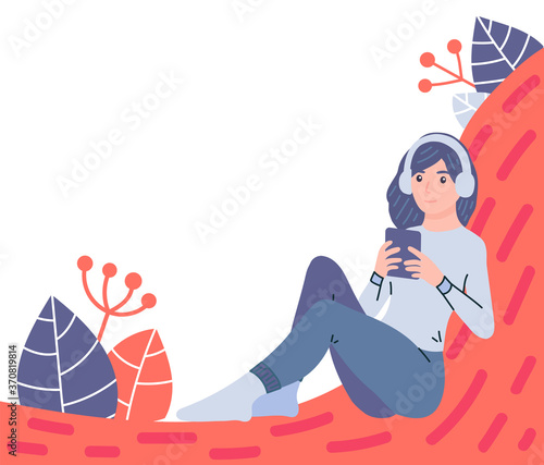 Listening audio book woman. Music, language skills lessons, literature, Radio or podcast