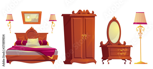 Wooden furniture for old luxury bedroom isolated on white background. Vector cartoon set of vintage bed with pink cover, wardrobe, golden lamps and dressing table with mirror