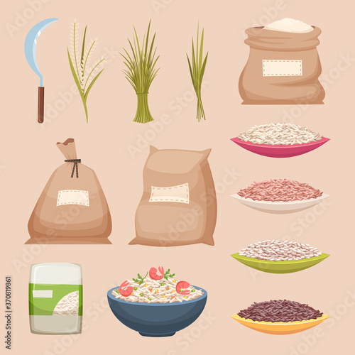 Rice grained. Storage sacks rice products grained agricultural food vector illustrations in cartoon style. Rice product, food storage grain in bag burlap