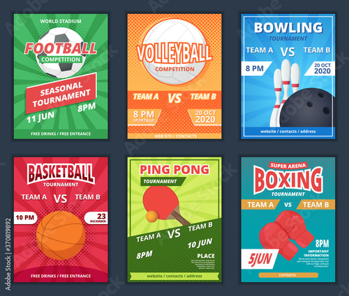 Sport posters. Promo placard with fitness equipment balls racket vector templates. Sport poster championship, tournament announcement illustration