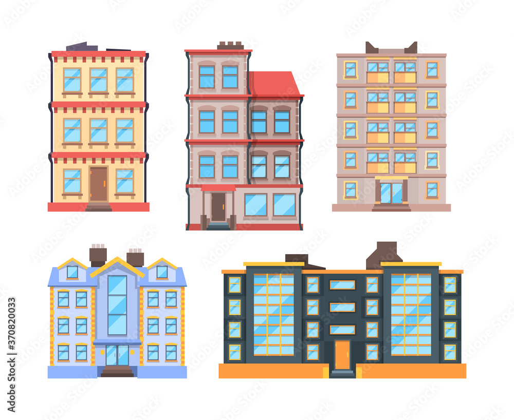 Living buildings flat style. Urban houses with 3 or 9 floor home apartments nice modern urban exterior city vector construction. Urban house residential, living apartment building illustration