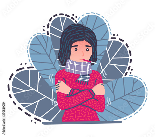 Young girl caught flu, cold. Sick woman in scarf with high temperature, fever, headache. Thermometer