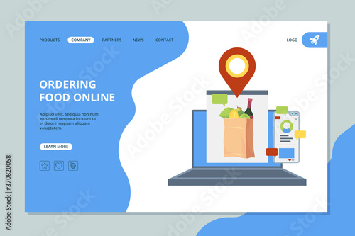 Ordering food online. Shopping market basket with grocery food vector landing page template. Grocery online, market basket order illustration