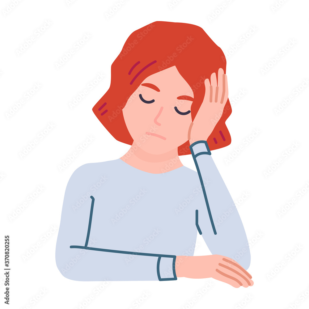 Tired, frustrated woman character has no energy. Sad, calm, redhead girl with mental health problem Tired, frustrated woman character has no energy. Sad, calm, redhead girl with mental health problem