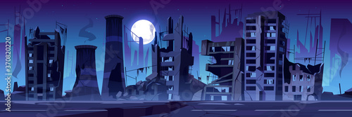 City destroy in war zone, abandoned buildings at night. Destruction, natural disaster or cataclysm consequences, post-apocalyptic world ruins with broken road and street cartoon vector illustration