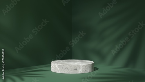 white Marble showcase podium for product placement in green natural shadow leaves background photo