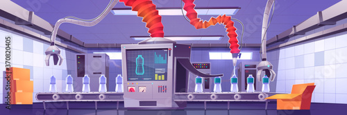 Factory conveyor belt with water bottles and robotic arms pour aqua in plastic containers at transporter production line. Manufacture, automation, smart robot assistants. Cartoon vector illustration