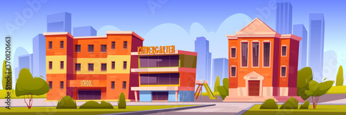 Buildings of school, kindergarten and university on town street. Vector cartoon landscape with education houses, of college, primary or elementary school, daycare with playground in backyard