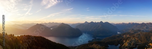 Beautiful Panoramic View of Canadian Nature Landscape from the top of Tin Hat Mountain during a sunny summer sunset. Taken near Powell River, Sunshine Coast, British Columbia, Canada.