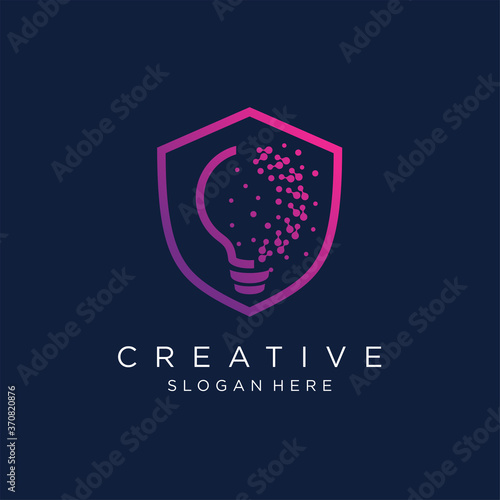 Creative shield with light bulb pixel logo design vector template stock illustration