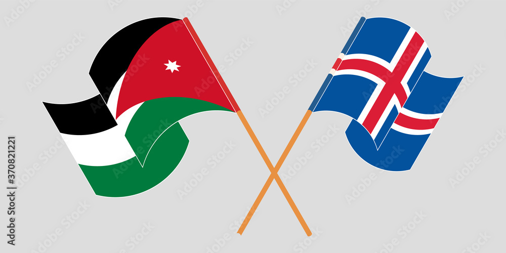 Crossed and waving flags of Jordan and Iceland