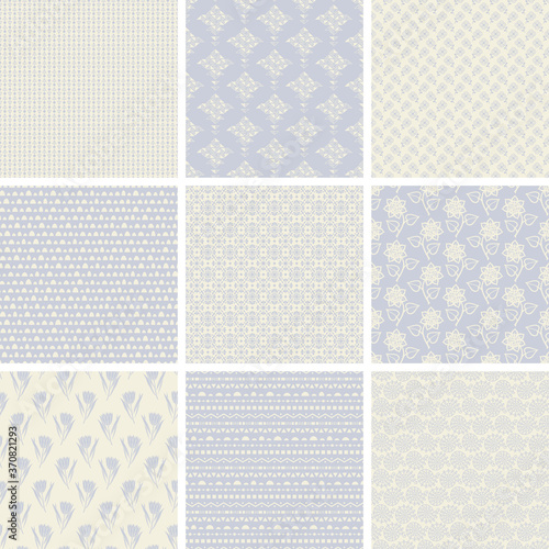 Set of nine monochrome seamless patterns in pastel colors