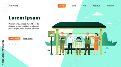 Cartoon passengers standing at bus stop flat vector illustration. Women and men waiting for public transport. Transportation, driving and conveyance concept