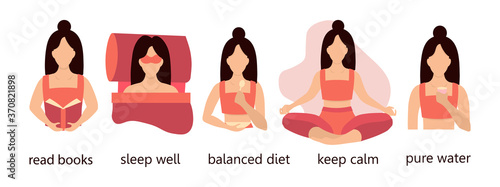 Women health infographics and lifestyle tips. Keeping calm, sleeping, reading books, eating properly and reading water. Doing sports, young woman health, illustration for poster, brochure