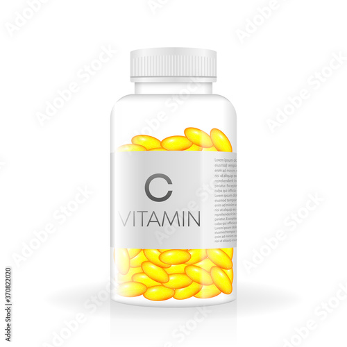 Vitamin realistic bottle in 3d style. Spray bottle icon. White background, isolated. 3d vector. Mock up, template. White box mockup. Product template. Vector illustration.