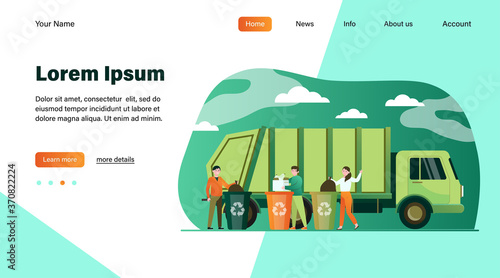 Cartoon people throwing out rubbish and trash into disposal containers flat vector illustration. Garbage truck standing on city road. Recycle service and industry concept