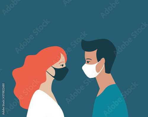 people in protective medical face masks. Man and woman wearing protection from viruses during covid-19 pandemic. Urban air pollution, smog, vapor, pollutant gas emission.