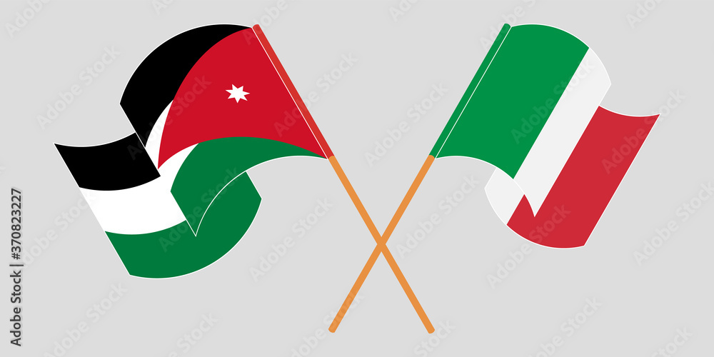 Crossed and waving flags of Jordan and Italy