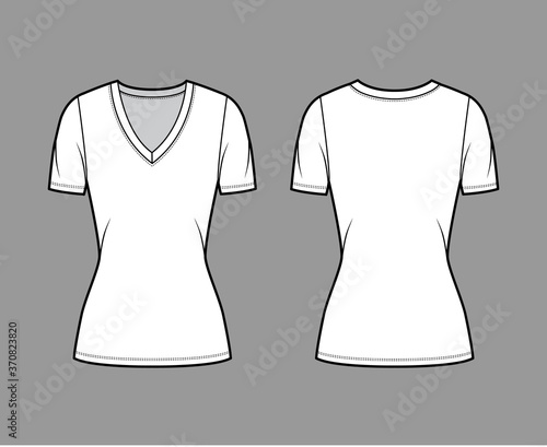 Deep V-neck jersey t-shirt technical fashion illustration with short sleeves, close-fitting shape, tunic length. Flat top apparel template front, back white color. Women, men, unisex outfit CAD mockup