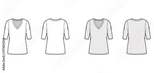 Deep V-neck jersey sweater technical fashion illustration with elbow sleeves, oversized body, tunic length. Flat shirt apparel template front, back white grey color. Women, men unisex outfit top CAD