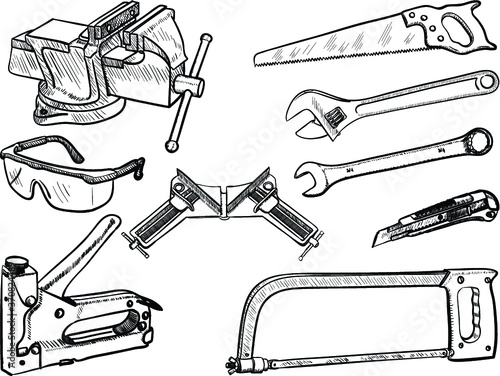 Hand Tools collection
Hand drawn tool kit, set of instruments
