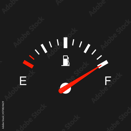 Fuel gauge. Vector illustration of classic gas tank indicator on car dashboard panel. Full tank of gasoline.