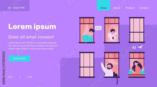 Friendly neighbors looking at windows. Friendship, neighbor, building flat vector illustration. Lifestyle and neighborhood concept for banner, website design or landing web page