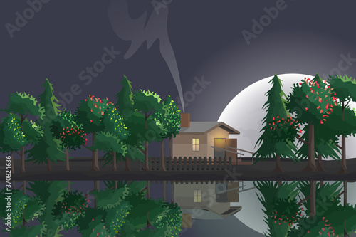 Night view of a forest hut by a lake and full moon in the background.