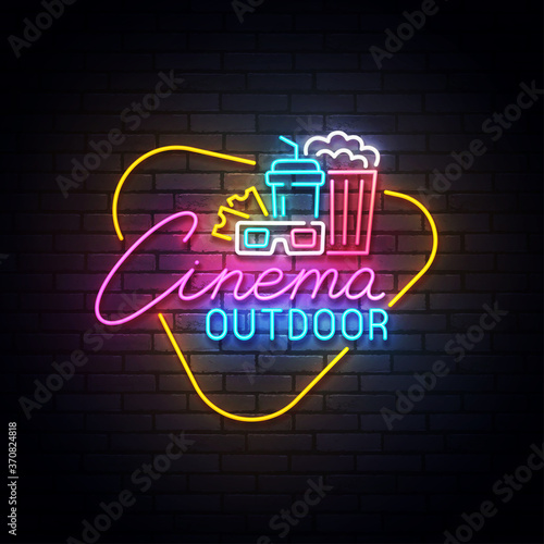 Outdoor cinema neon sign, drive-in movie theater with cars on open air parking logo neon, emblem. Vector illustration