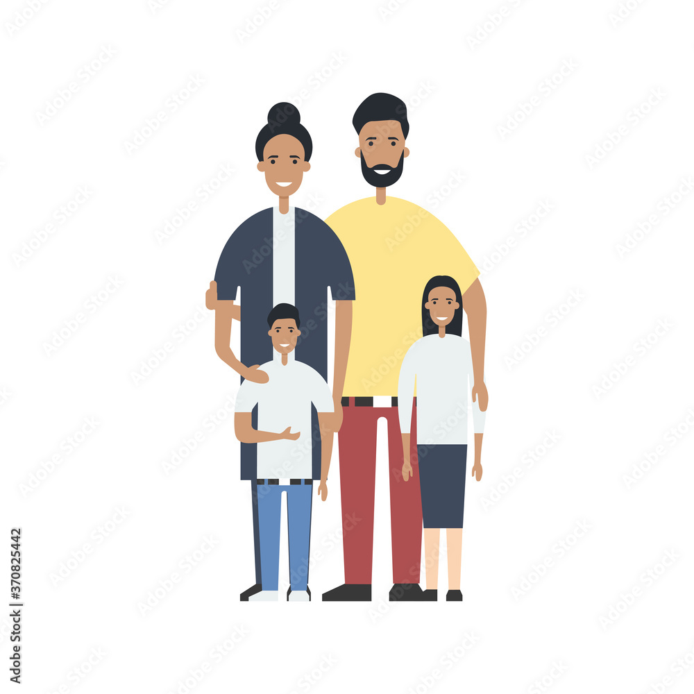 A traditional full family. Father, mother, son and daughter. Family health insurance concept. Flat style. Vector illustration.

