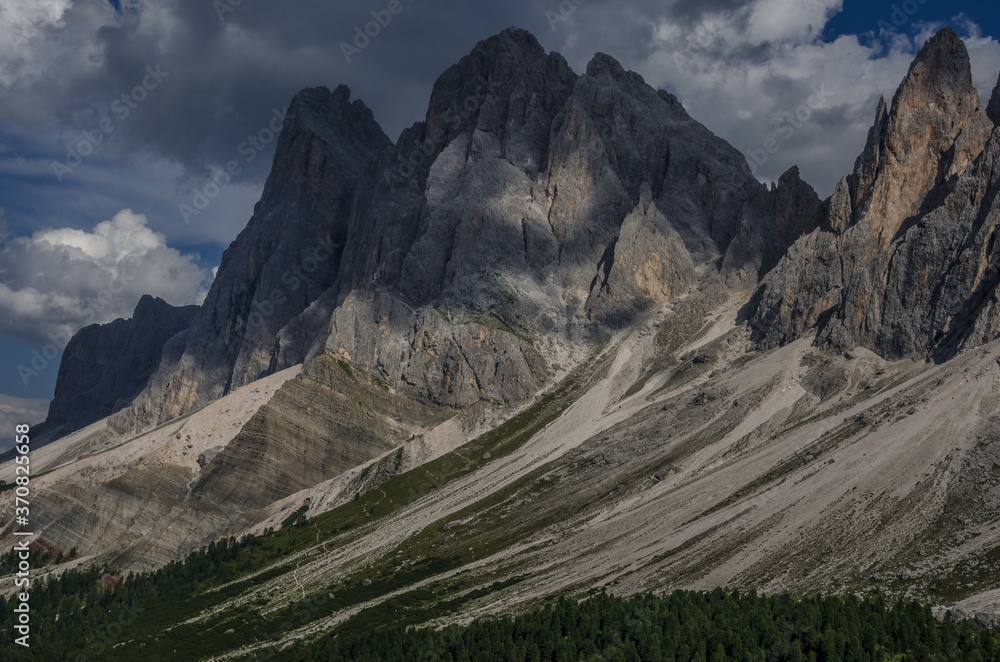 Odle mountain range before thunderstorm as seen from Brogles refuge, Puez-Odle nature park, Dolomites, South Tirol, Italy.