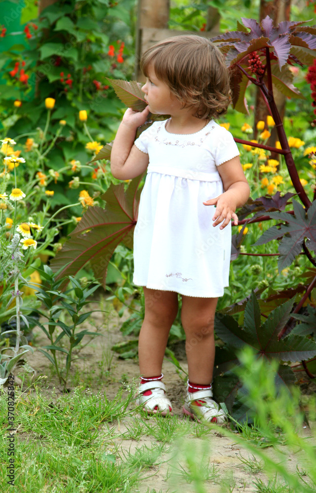 a little girl walks in the garden a little girl walks in the garden