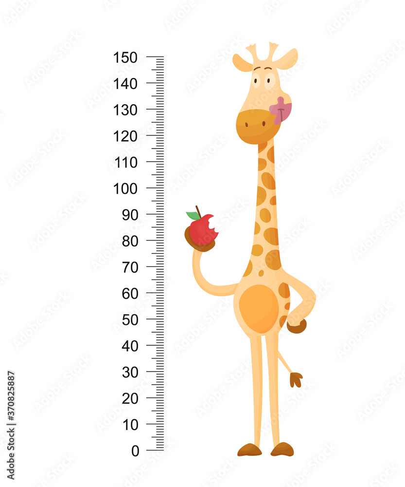 Funny giraffe. Cheerful funny giraffe with long neck. Giraffe meter wall or height chart or wall sticker. Illustration with scale from 2 to 150 centimeter to measure growth Funny giraffe. Cheerful funny giraffe with long neck. Giraffe meter wall or height chart or wall sticker. Illustration with scale from 2 to 150 centimeter to measure growth