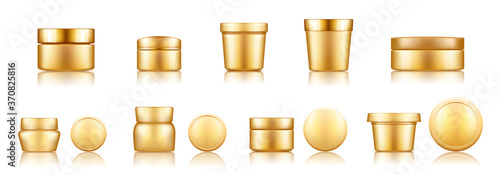 Golden cosmetic jar set with cap mockup isolated from background for lotion, cream, powder. Plastic package design. Blank hygiene, medical, body or face care template. 3d vector illustration