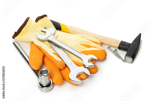 Different construction accessories isolated on white background