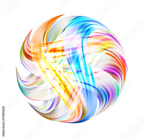 Iridescent streaks enveloped the sphere. Volumetric enveloping with a ribbon around the ball. Fluorescent planet. logo.