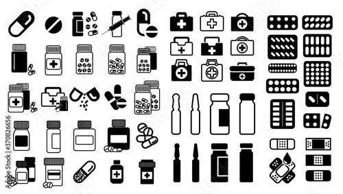 Medical icons, vaccine and drugs symbols, pharmacy signs