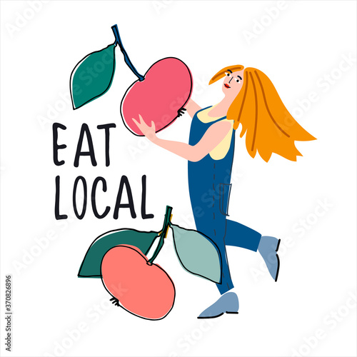 Eat local concept. Women picking apples vector illustration in abstract flat style. Hand lettering. Harvesting, pick-your-own concept. Fresh fruit concept