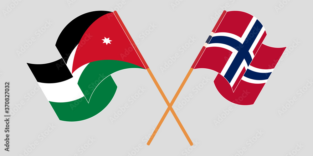 Crossed and waving flags of Jordan and Norway