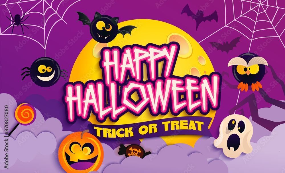 Happy Halloween Party Banner with scary characters above the clouds and against full moon.Monster pumpkin,bat, spider and ghost invite to holiday.Template for web,poster,flyers, ad,promotions.Vector.