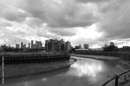 LONDON ENGLAND 01 AUGUST 2020 view of caning town from river lea Cody dock London England