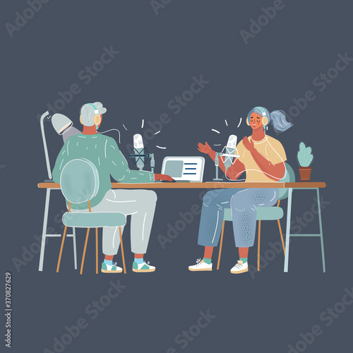 Vector illustration of Young man interviewing a woman in a radio studio. Podcast and broadcast blogger concept on dark backgroun.