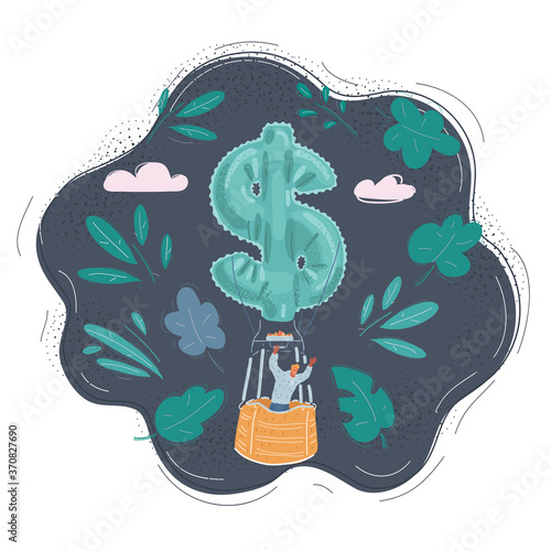 Vector illustration of man fly on hot air money shape ballon in dark sky.