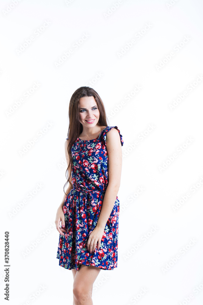 Woman in dress smiling isolated on white. Woman in dress smiling isolated on white.