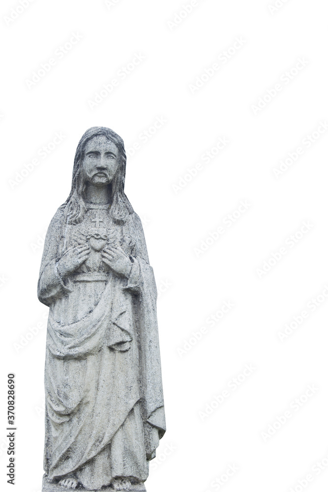 Jesus Christ isolated on white background. Very anciens tone statue. Free copy space for text.