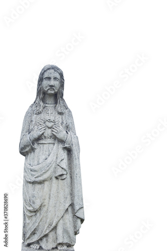 Jesus Christ isolated on white background. Very anciens tone statue. Free copy space for text.